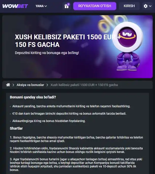 Ro‘yxatdan o‘tgandan keyin birinchi depozitga bonus olish va oynash shartlari tavsifi