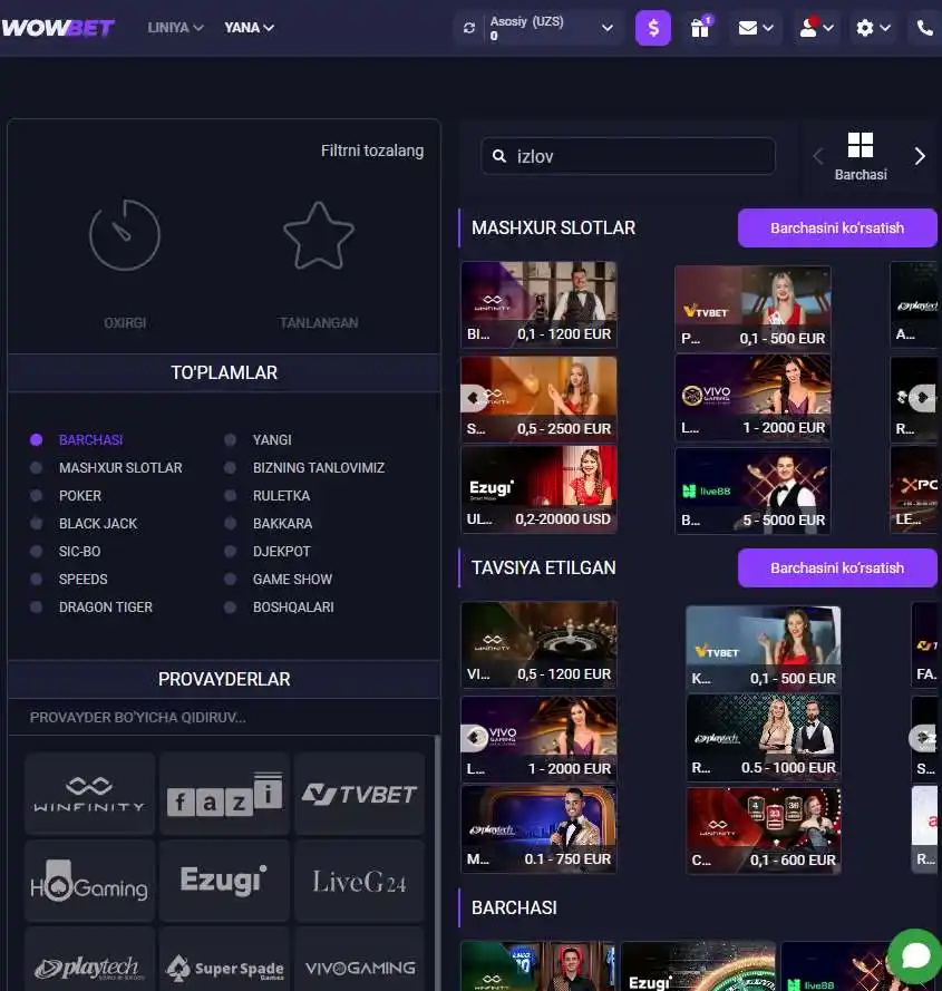 Haqiqiy dilerlarga qarshi o‘yinlarni tanlash bilan live kazino bo‘limi