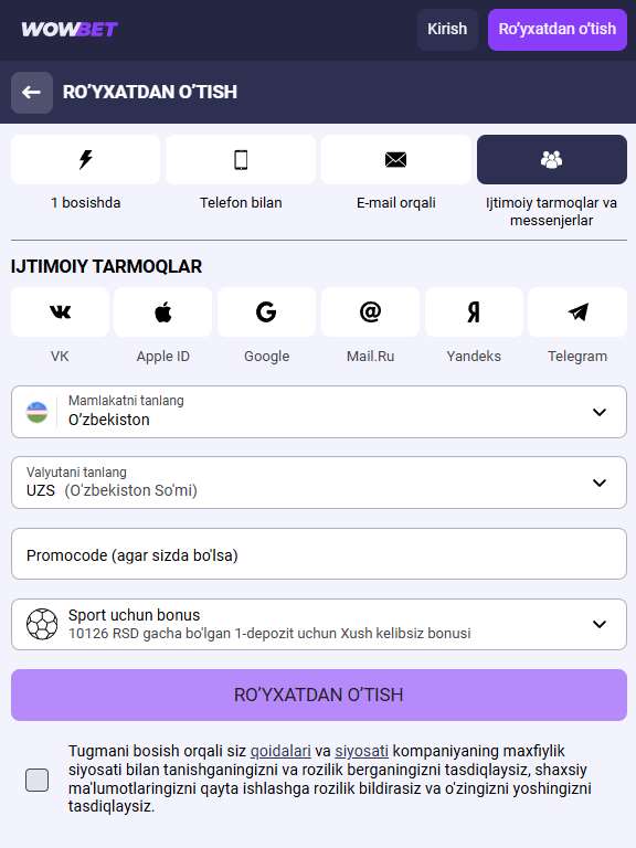 Ijtimoiy tarmoqlar orqali ro‘yxatdan o‘tish varianti