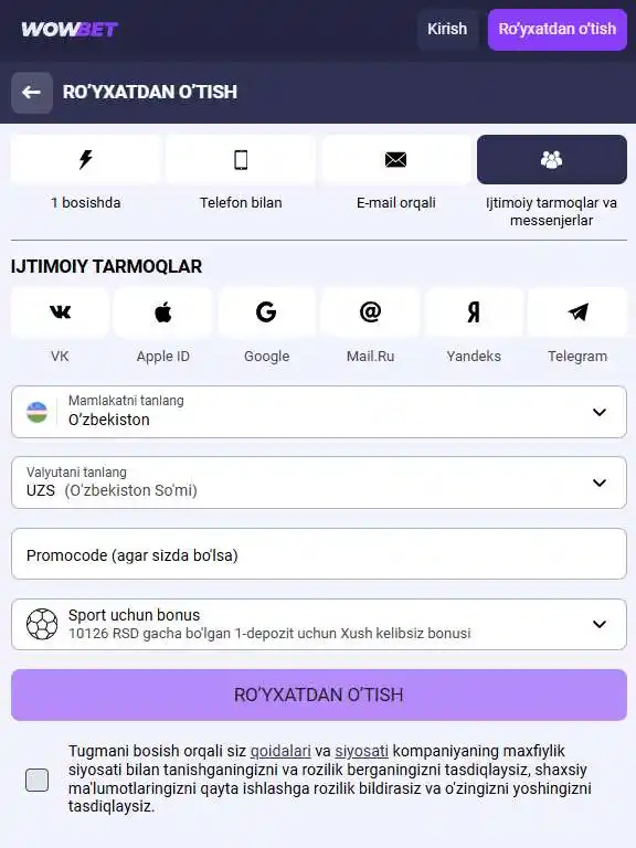 Ijtimoiy tarmoqlar orqali ro‘yxatdan o‘tish varianti