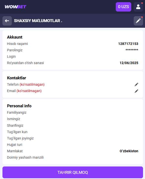 Hisobni tekshirish uchun profilda ma‘lumotlarni to‘ldirish