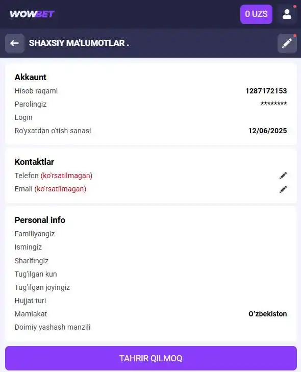Hisobni tekshirish uchun profilda ma‘lumotlarni to‘ldirish
